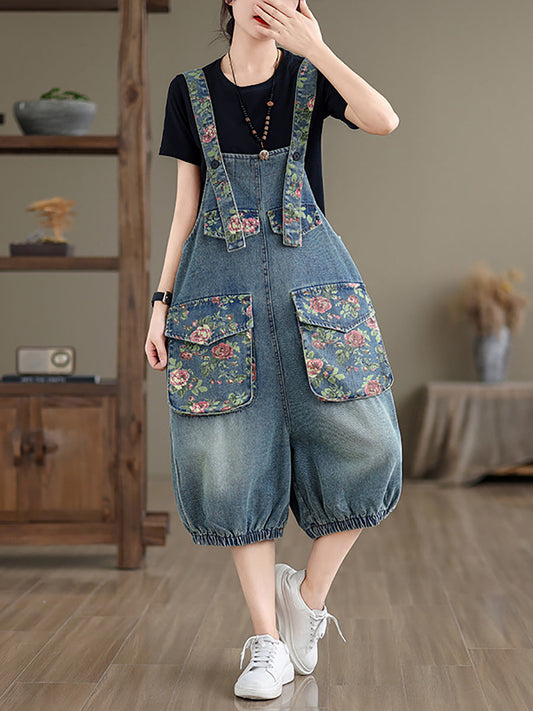 Women Summer Retro Flower Spliced Denim Jumpsuits