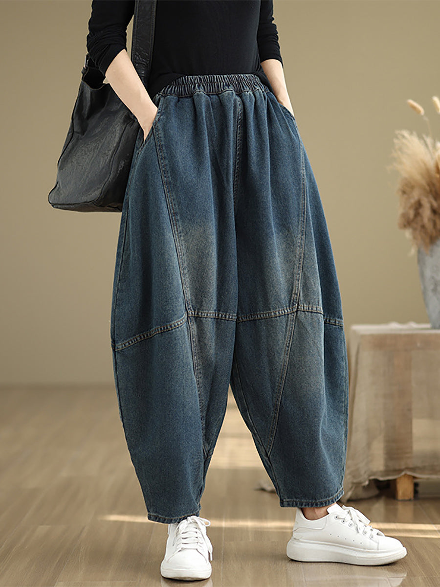 Women Autumn Vintage Denim Spliced Harem Pants