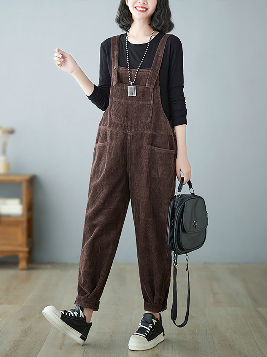 Women Casual Autumn Solid Corduroy Loose Jumpsuits