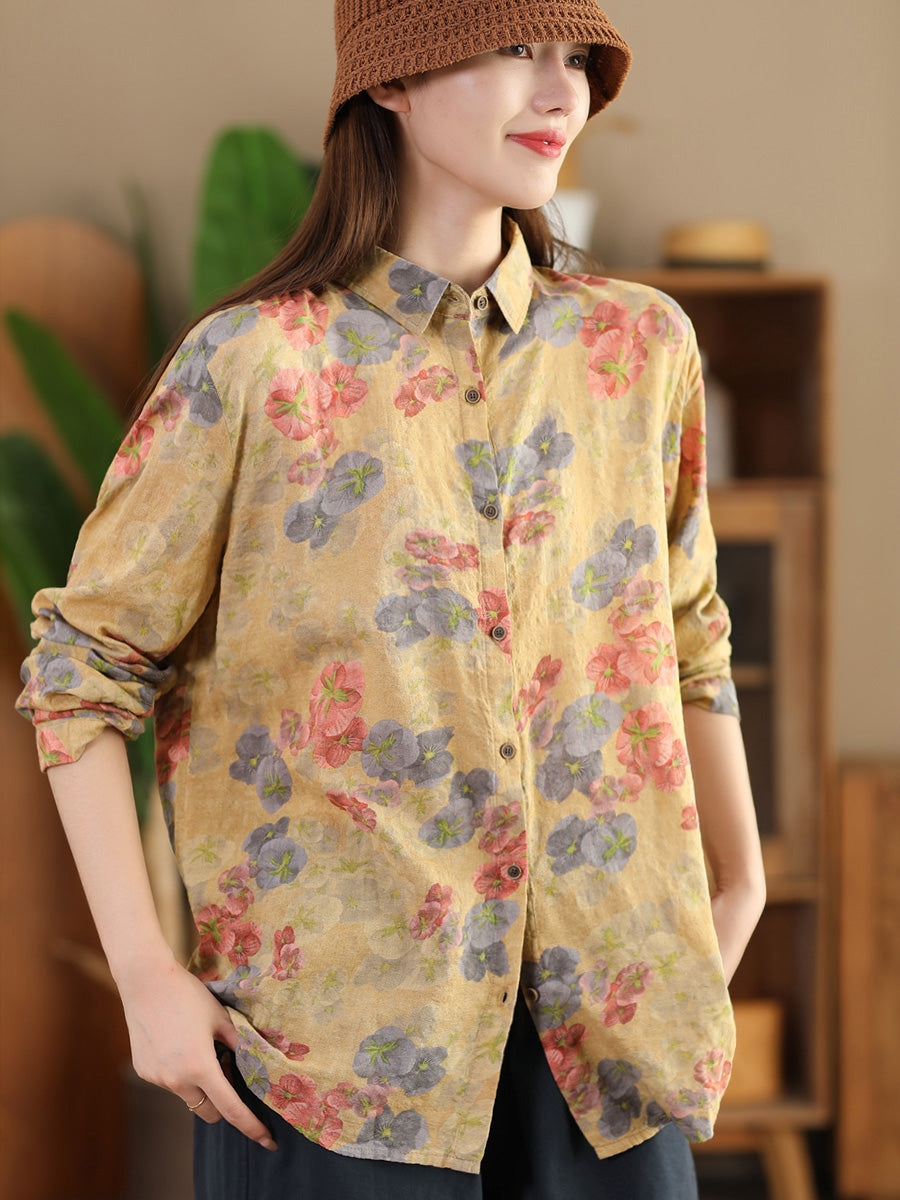 Women Autumn Vintage Flower Button-up Shirt