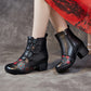 Women Ethnic Flower Leather Spliced Low Heel Boots