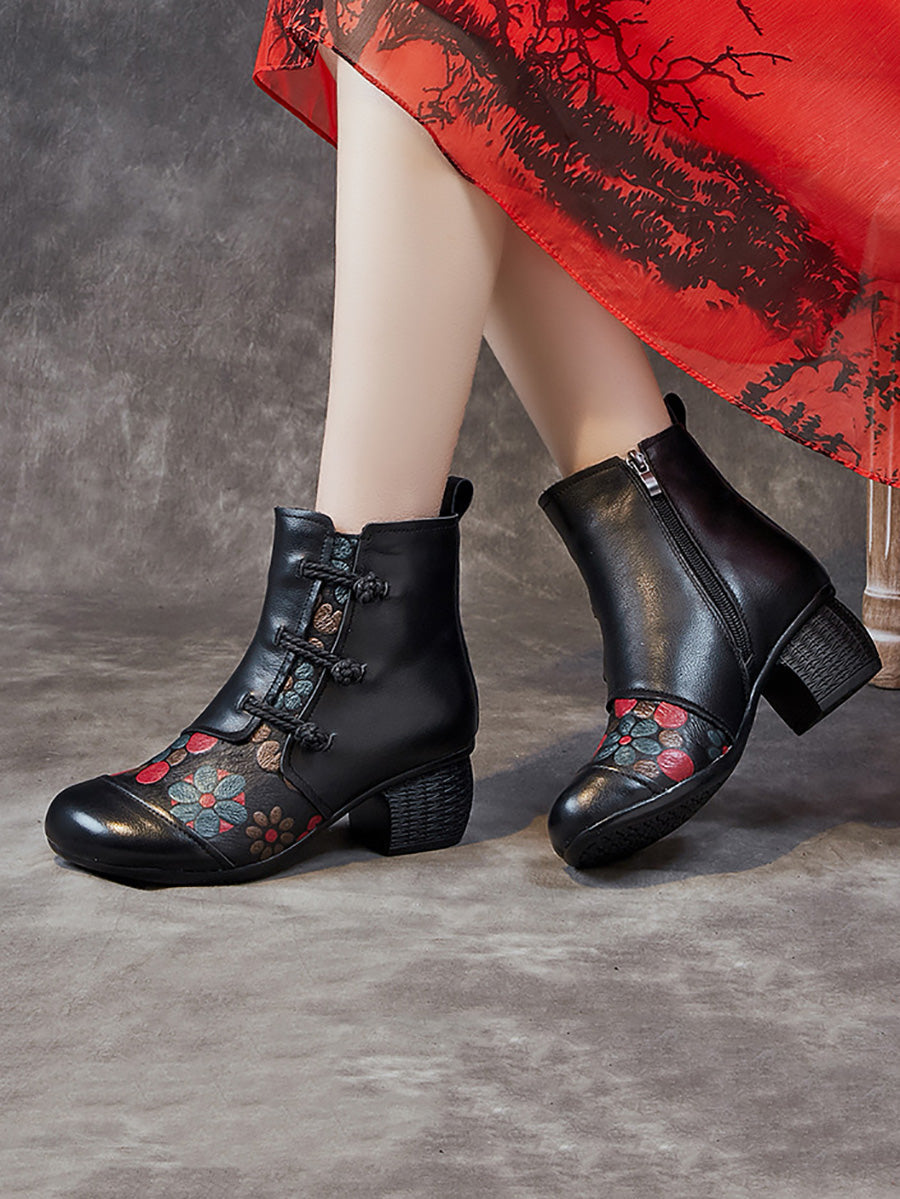 Women Ethnic Flower Leather Spliced Low Heel Boots