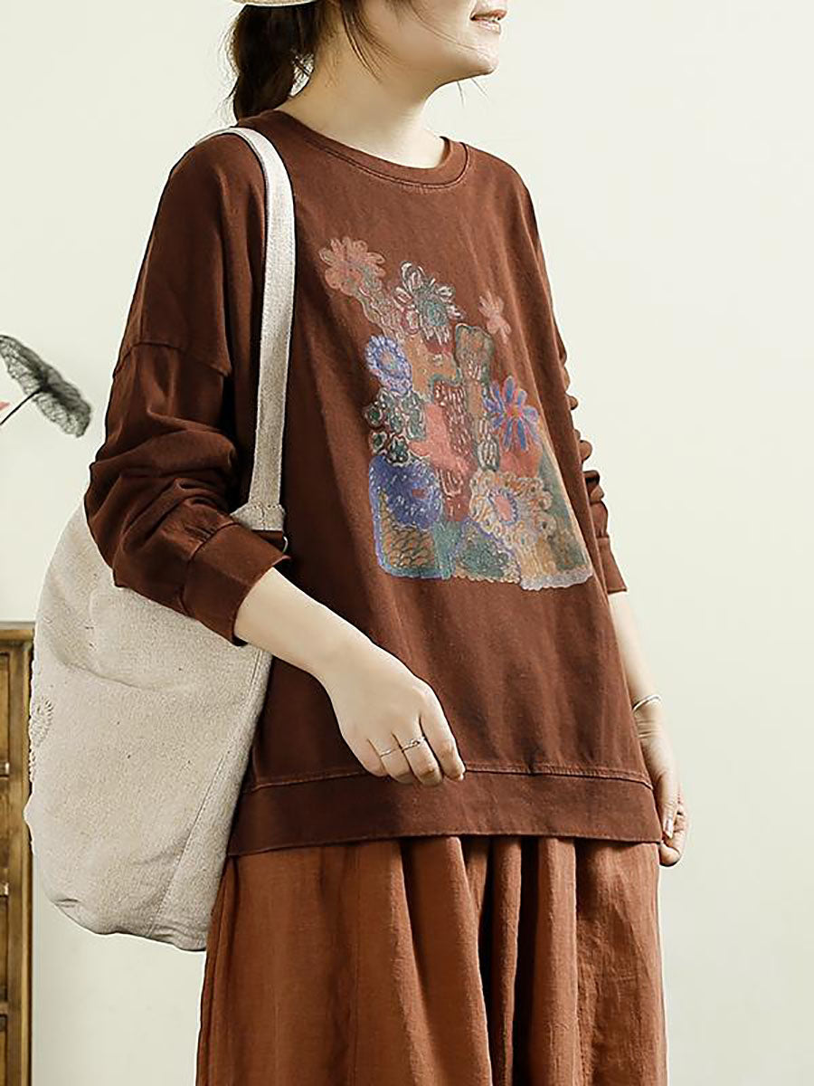 Women Casual Autumn Flower O-Neck Cotton Blouse