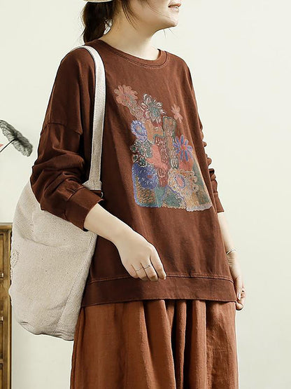 Women Casual Autumn Flower O-Neck Cotton Blouse