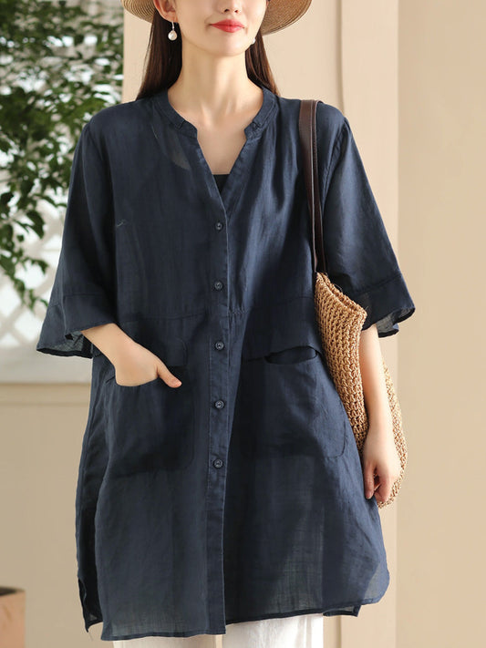 Women Summer Artsy Solid Button-up Ramie Shirt Coat