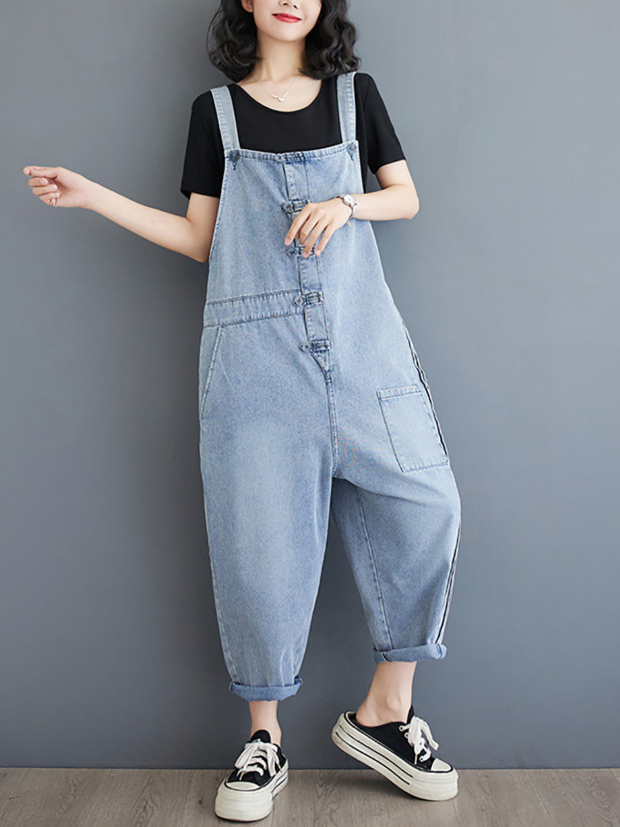 Women Summer Casual Solid Denim Shirred Jumpsuits