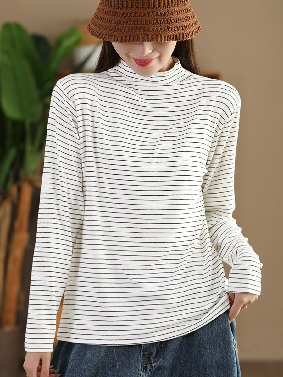 Women Autumn Casual Stripe Half Turtleneck Blouse