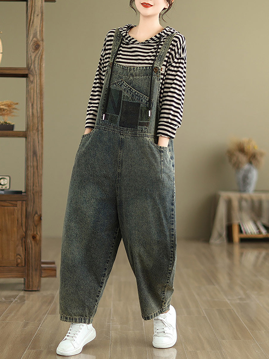 Women Autumn Retro Patchwork Loose Denim Jumpsuits