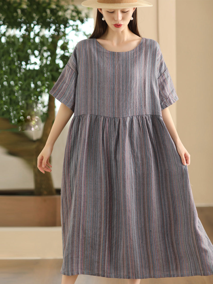 Women Summer Artsy Stripe Loose Linen Dress