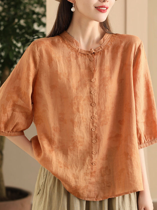 Women Summer Embroidery Vintage Button Ramie Shirt