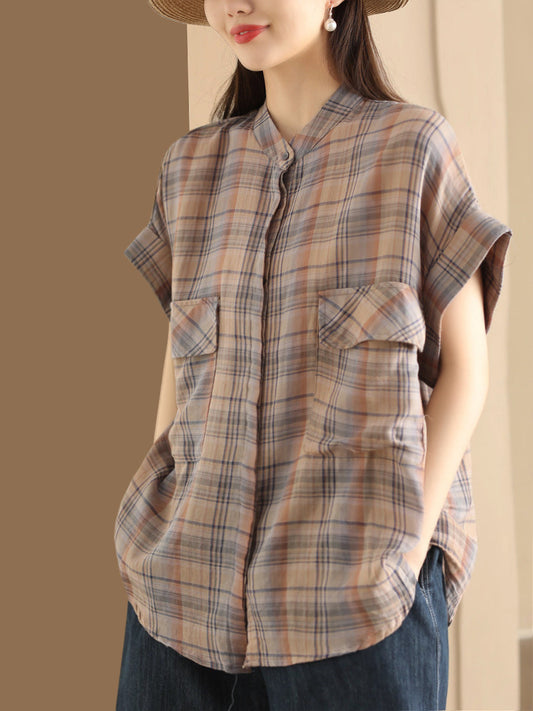 Women Summer Vintage Plaid Button-up Shirt