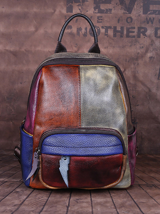 Women Colorblock Hand Painted Outdoor Leather Backpack