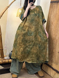 Women Summer Vintage Tie-dye V-Neck Spliced Linen Dress