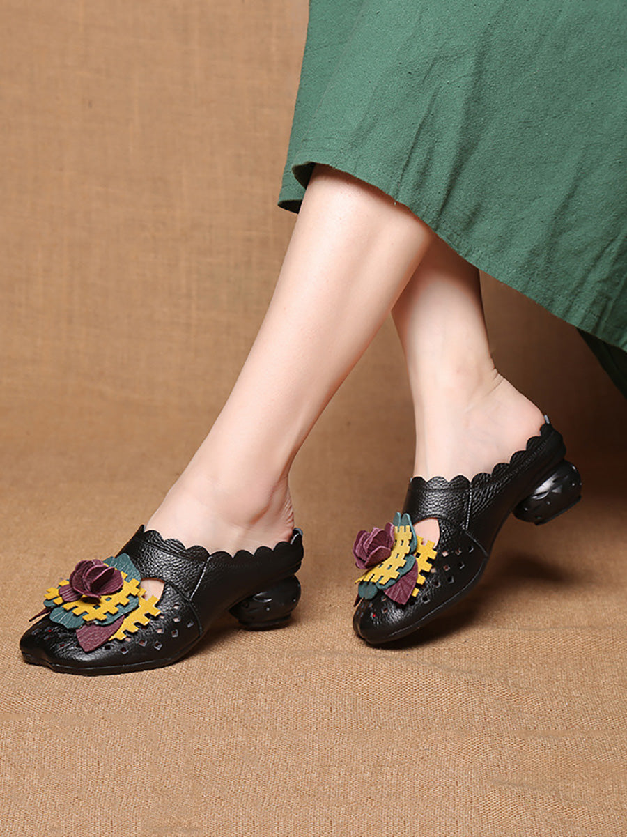 Women Summer Ethnic Leather Flower Spliced Low Heel Sandals