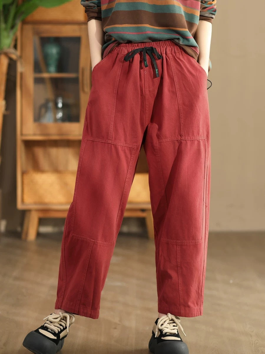 Women Autumn Vintage Solid Spliced Pocket Harem Pants