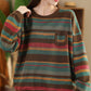 Women Casual Autumn Colorblock Stripe O-Neck Cotton Sweatshirt