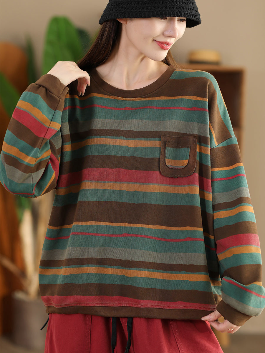 Women Casual Autumn Colorblock Stripe O-Neck Cotton Sweatshirt