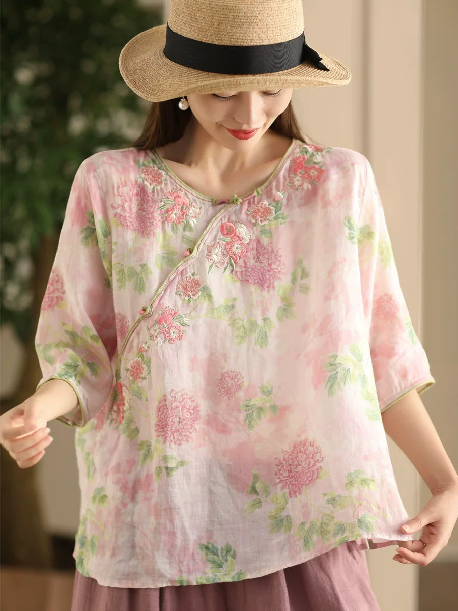 Women Summer Artsy Flower Embroidery O-Neck Shirt