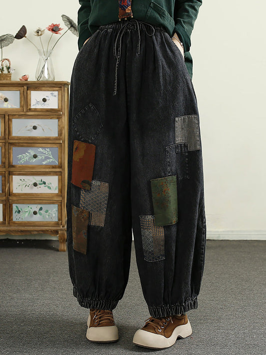 Women Autumn Patch Spliced Denim Harem Pants