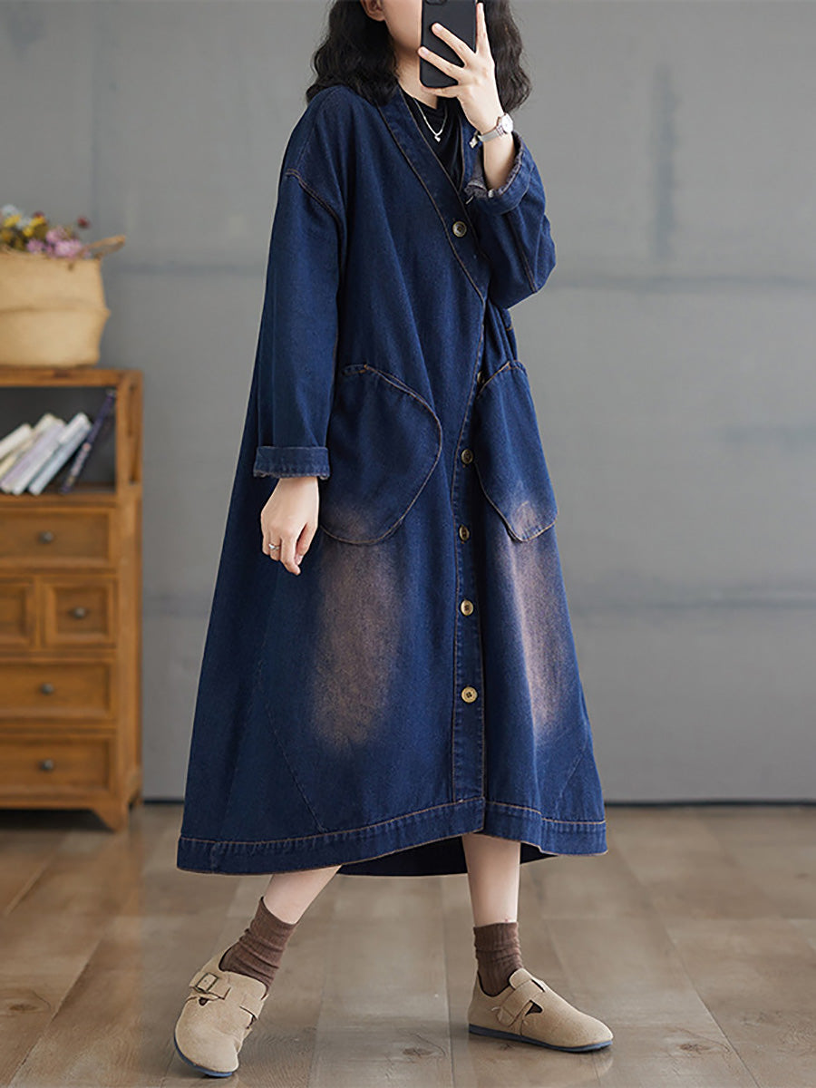 Women Autumn Worn V-Neck Washed Denim Long Coat