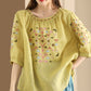 Women Summer Vintage Embroidery O-Neck Ramie Shirt