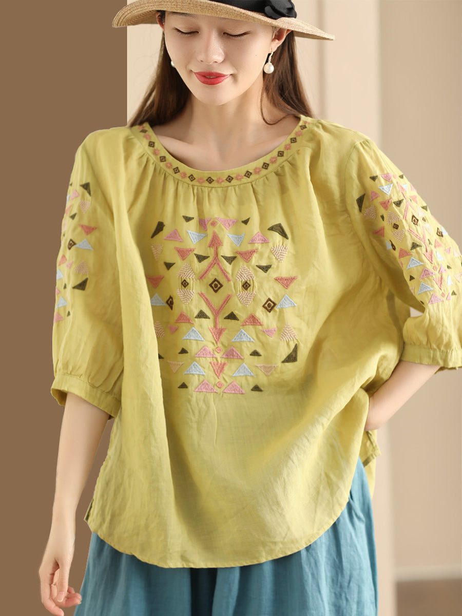 Women Summer Vintage Embroidery O-Neck Ramie Shirt