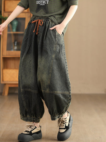 Women Autumn Retro Spliced Solid Loose Denim Bloomers