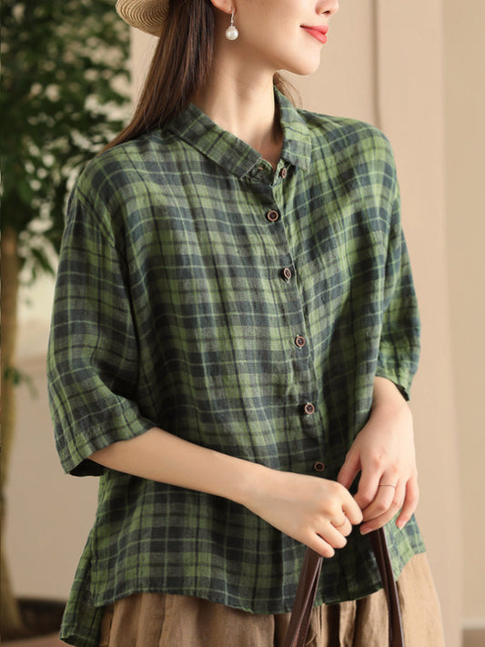 Women Vintage Summer Plaid Button-up Linen Shirt