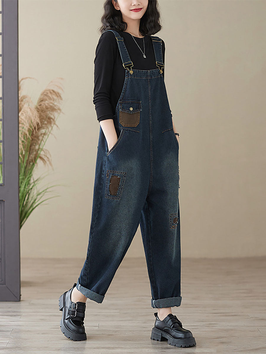 Women Autumn Retro Patchwork Denim Pocket Jumpsuits