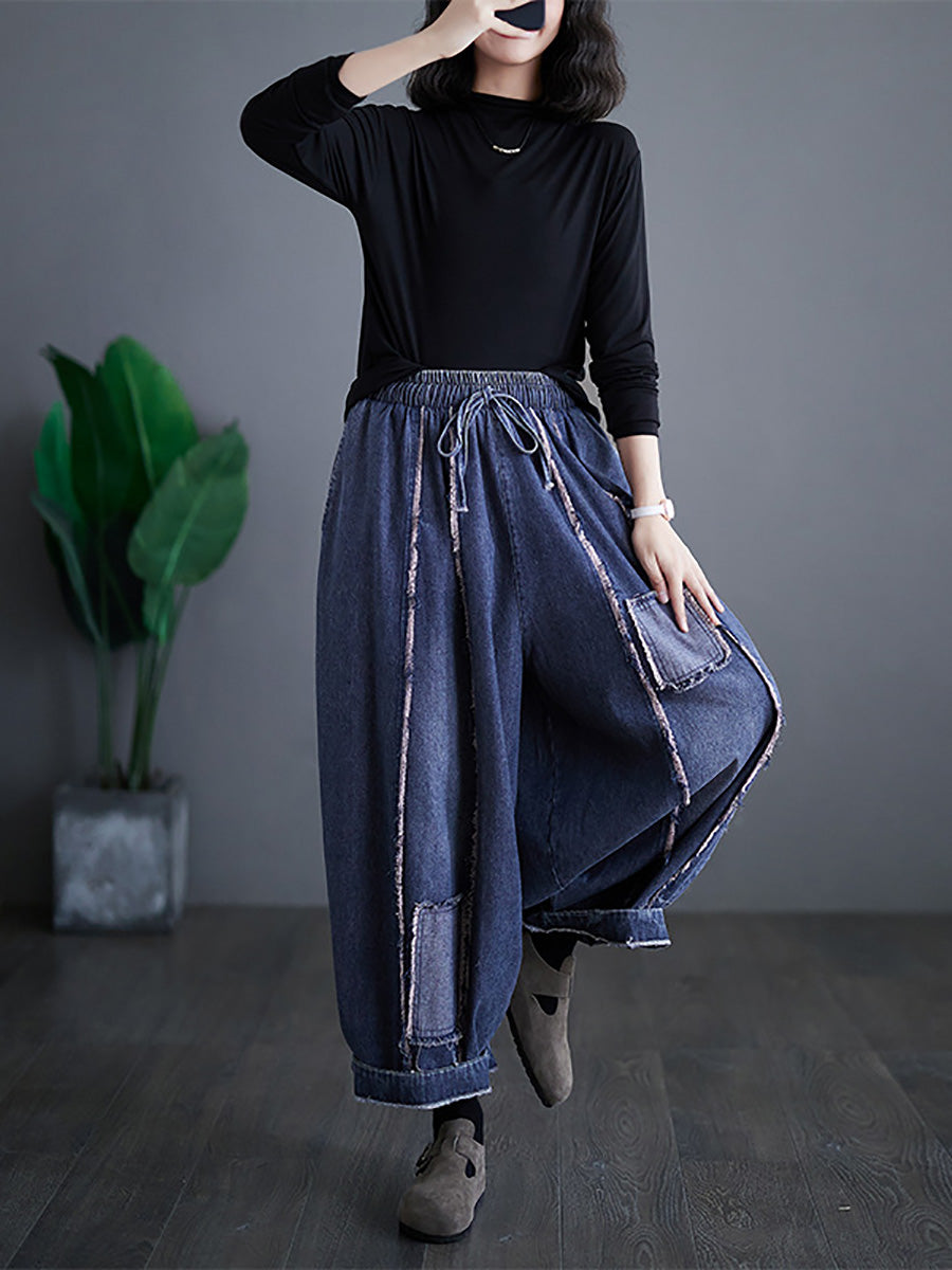 Women Summer Vintage Denim Patch Spliced Harem Pants