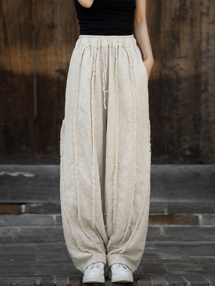 Women Ethnic Solid Raw-edge Wide-leg Ramie Pants