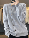 Women Autumn Solid Knit Wool Buttoned O-Neck Sweater