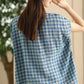 Women Summer Vintage Plaid V-Neck Loose Linen Shirt