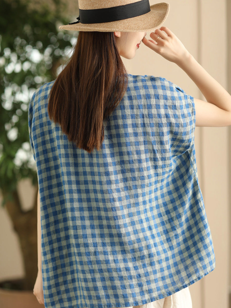 Women Summer Vintage Plaid V-Neck Loose Linen Shirt