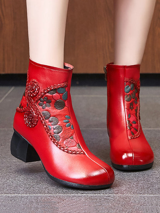 Women Ethnic Winter Flower Spliced Leather Mid-Heel Boots