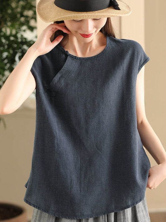 Women Summer Vintage Solid O-Neck Short Sleeve Ramie Shirt