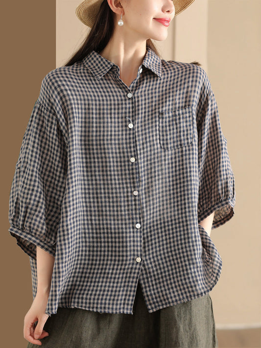 Women Summer Vintage Plaid Button-Up Linen Shirt