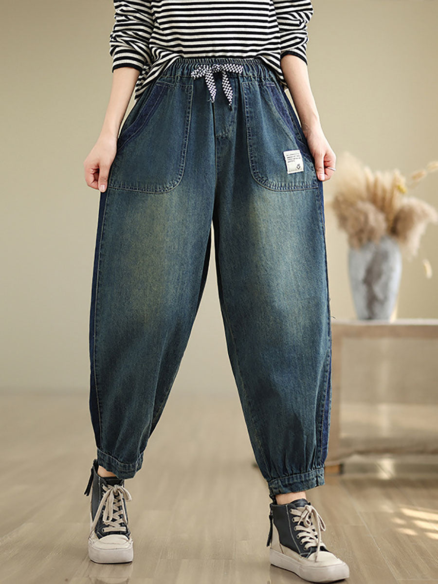 Women Casual Pockets Washed Denim Harem Pants