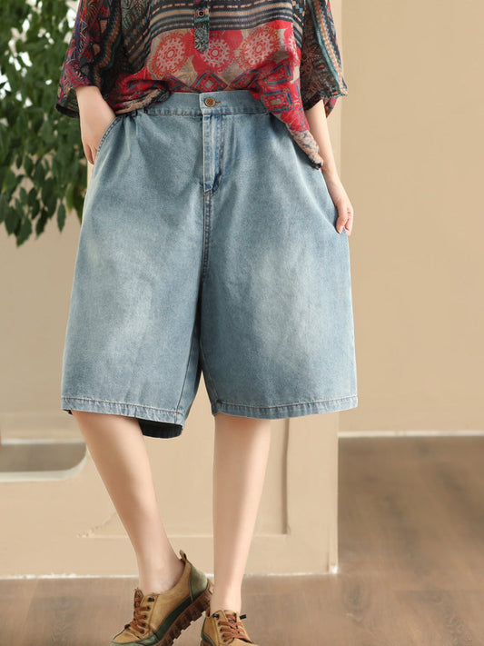 Women Summer Casual Solid Denim Pocket Fifth Pants