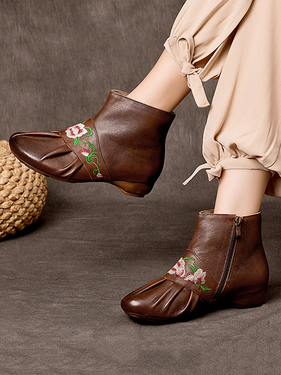 Women Ethnic Leather Embroidery Low Heel Boots