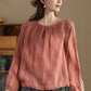 Women Summer Artsy Strap Hem O-Neck Ramie Blouse