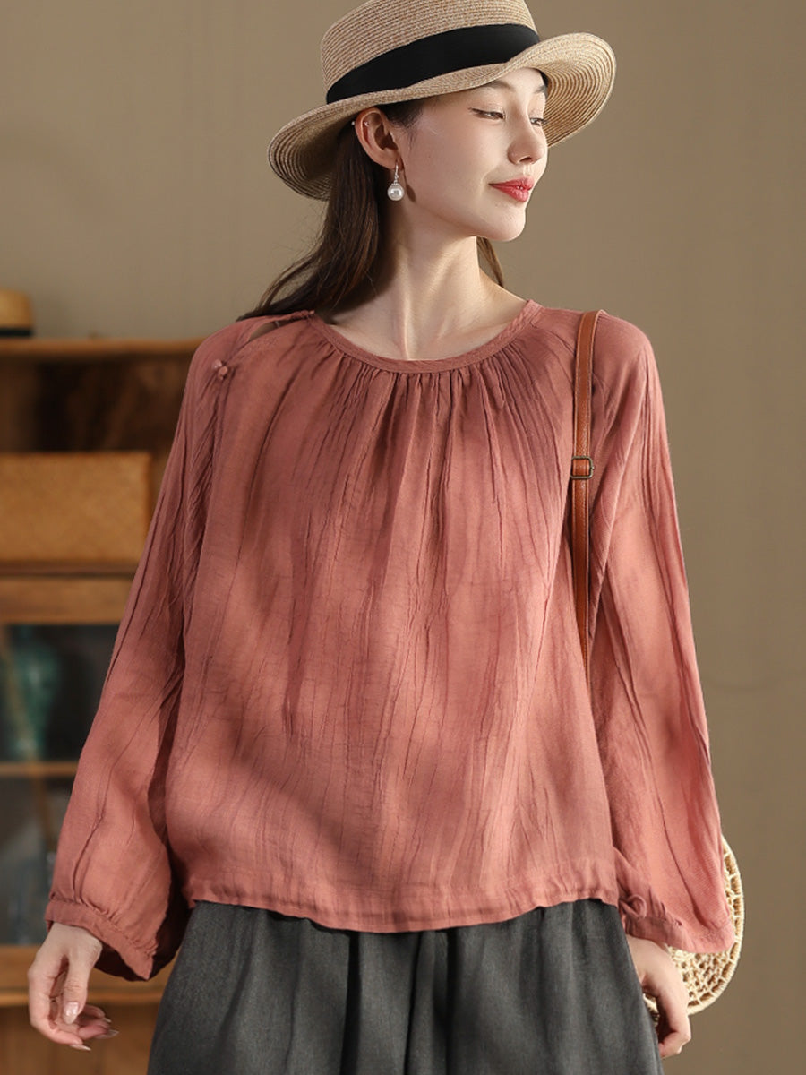 Women Summer Artsy Strap Hem O-Neck Ramie Blouse