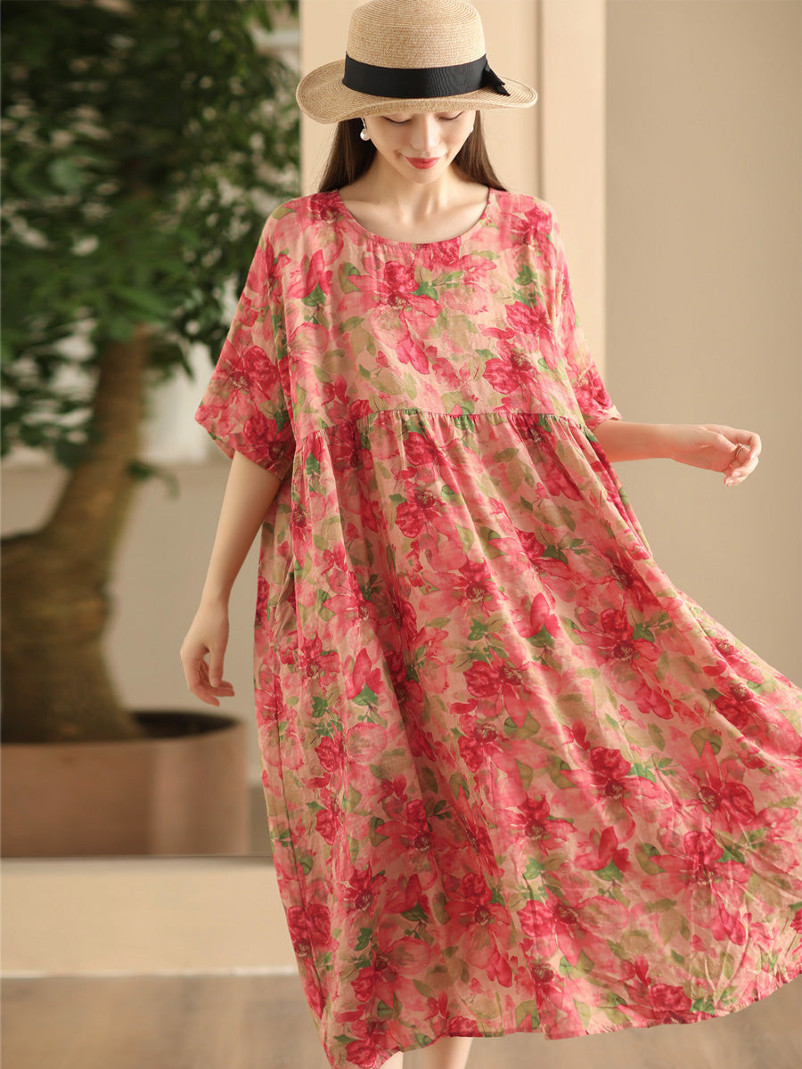 Women Summer Vintage Flower Linen Loose Dress