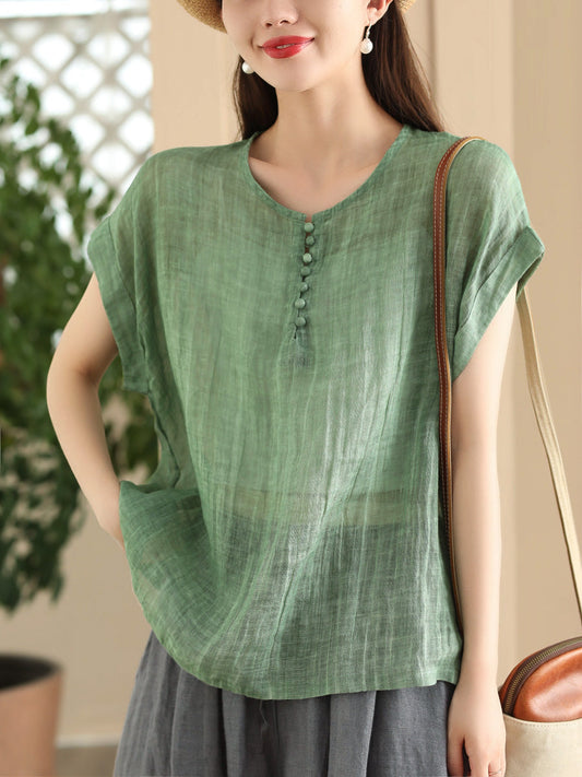 Women Summer Casual Solid Button O-Neck Ramie Shirt