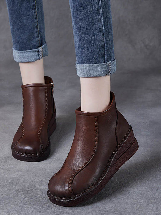 Women Retro Soft Leather Spliced Fleece-lined Mid-Heel Boots