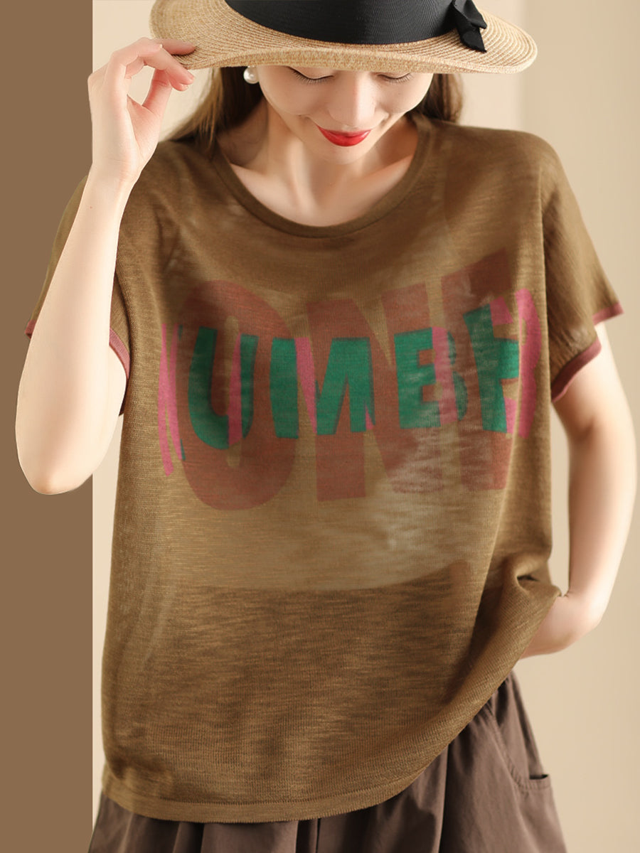 Women Summer Letter Printing Knitted Loose Shirt