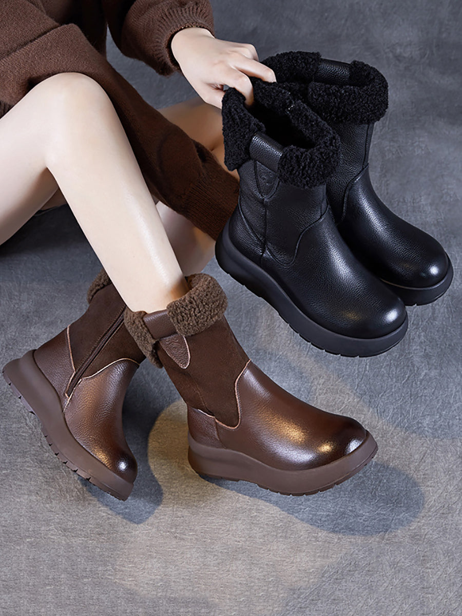 Women Vintage Leather Fleece-lined Platform Boots