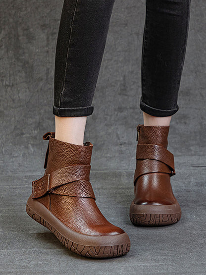 Women Vintage Genuine Leather Spliced Flat Ankle Boots