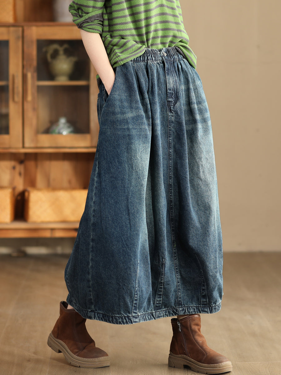 Women Autumn Casual Solid Back Hem Split Denim Skirt