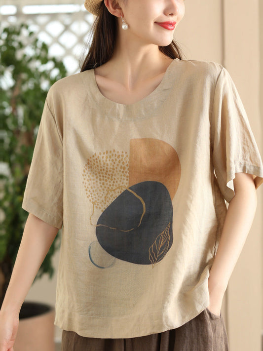 Women Summer Casual Flower O-Neck Ramie Shirt